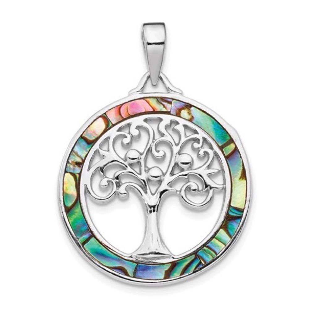 Sterling Silver Rhodium-plated Abalone Circle with Tree of Life Pendant